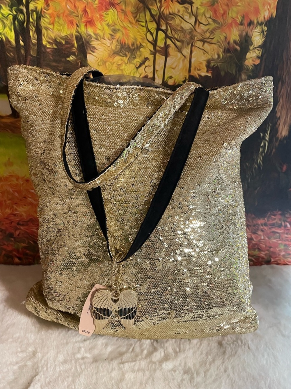 Victoria's Secret Gold Sequin Tote with Angel Wing Charm
